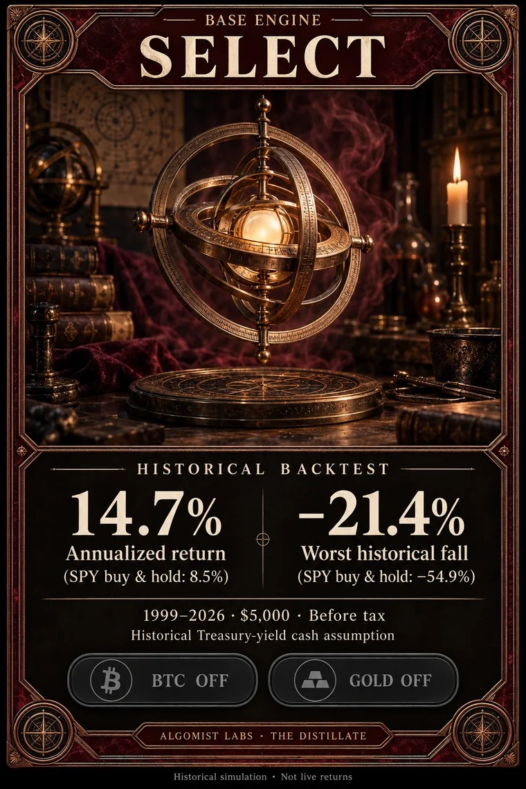 SELECT engine card: 14.7% a year  worst fall 21.4%, historical simulation