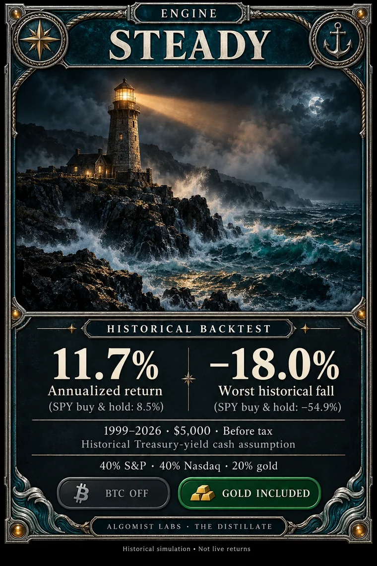 STEADY engine card: 11.7% a year  worst fall 18.0%, historical simulation