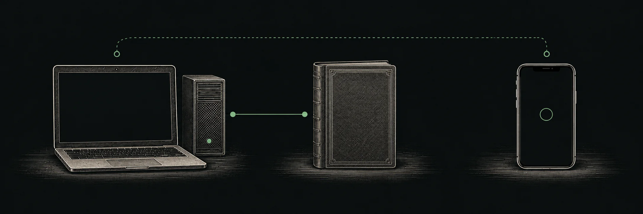 Illustrated computer and server connected to an account ledger, with a phone for checking in.